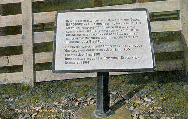 John Kennedy Lacock Braddock Road Postcard #35: Tablet at Braddock's Grave