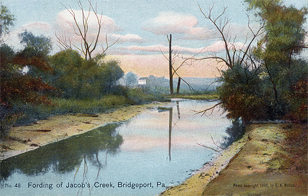 John Kennedy Lacock Braddock Road Postcard #48: Fording of Jacob's Creek, Bridgeport, Pa.