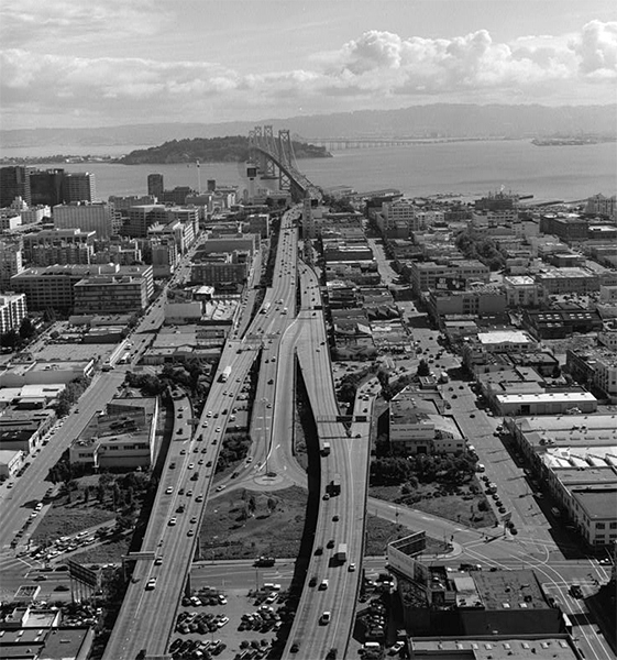 San Francisco at the western end of the Bay Bridge