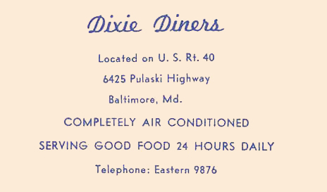 Advertisement for the Dixie Diner